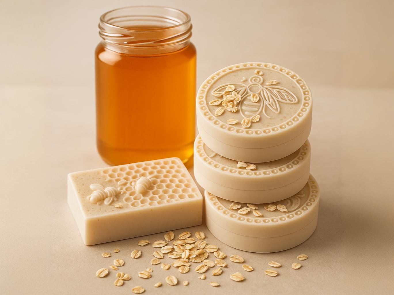 Jabones de miel sobre superficie de madera